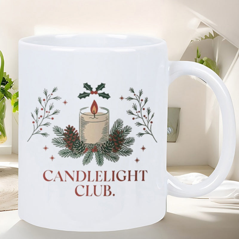 Tailorly White Ceramic 11 oz Mug - Candlelight Club Festive Winter Greenery Surrounding A Warm Glowing Jar Candle