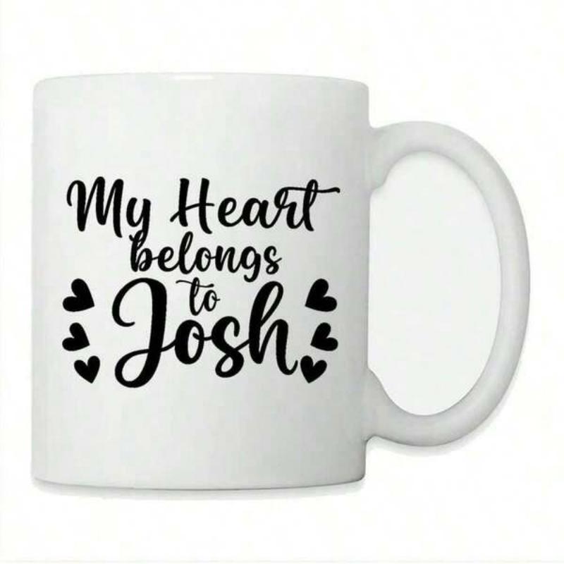 Tailorly White Ceramic 11 oz Mug - My Heart Belongs To Josh Elegant Script Letters Surrounded By Tiny Symmetrical Black Hearts Heart