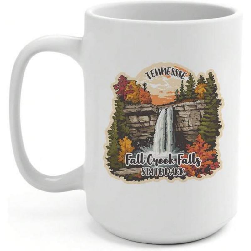 Tailorly White Ceramic 11 oz Mug - Tennessee Fall Creek Falls State Park Scenic Cascading Water Falling Among Autumn Pine Trees And Rugged Cliffs Waterfall