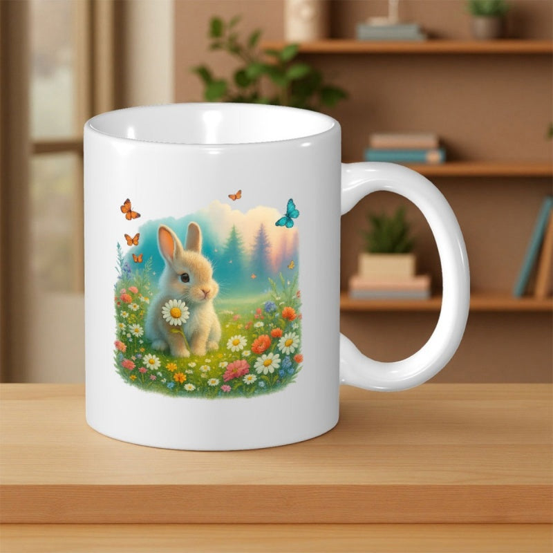 Tailorly White Ceramic 11 oz Mug - Adorable White Fluffy Animal Sitting Among Colorful Spring Flowers And Butterflies Rabbit