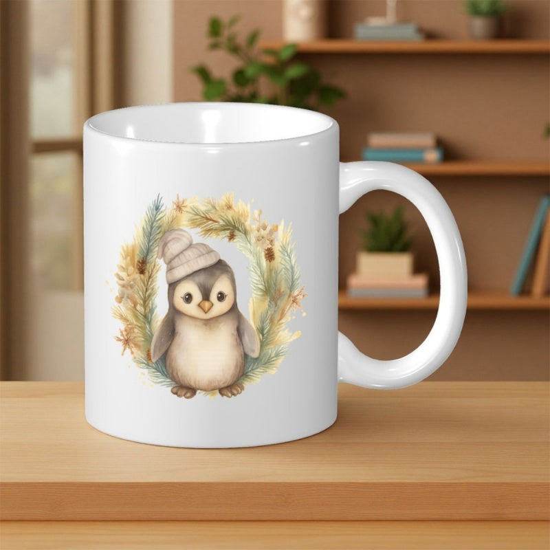 Tailorly White Ceramic 11 oz Mug - Adorable Watercolor Baby Penguin Wearing Beanie Hat Among A Soft Floral Wreath Penguin