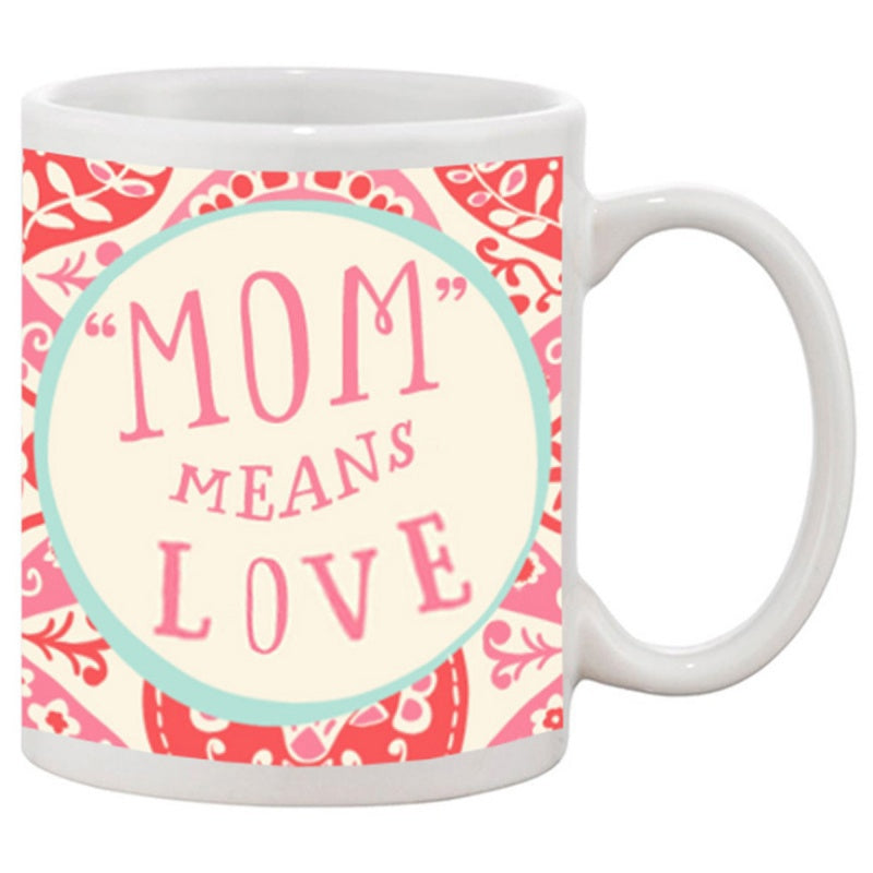 Tailorly White Ceramic 11 oz Mug - Mom Means Love Vibrant Pink And Red Mandala Pattern With Intricate Floral Details Inside Circle Mandala