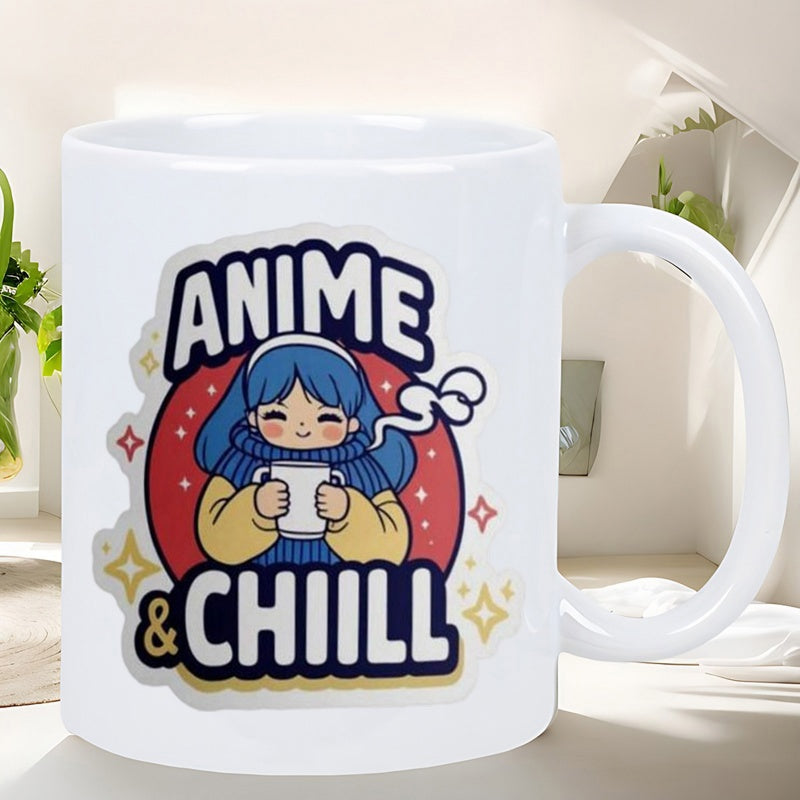 Tailorly White Ceramic 11 oz Mug - Anime Chill Cute Blue Hair Cartoon Character Holding Steaming Hot Mug With Stars Girl