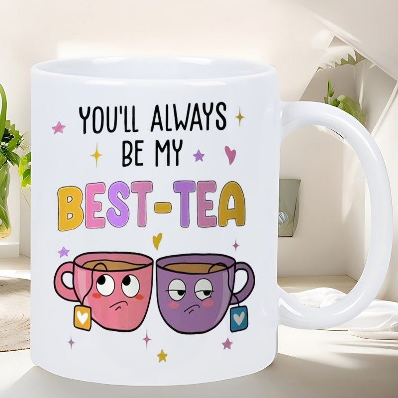 Tailorly White Ceramic 11 oz Mug - Youll Always Be My Best Tea Two Whimsical Tea Characters Sitting Together With Tiny Stars Surrounding The Cups