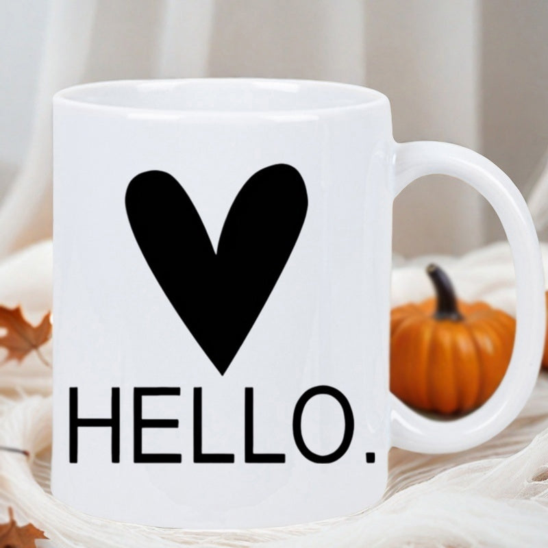 Tailorly White Ceramic 11 oz Mug - Hello Simple Minimalist Black Symbol Centered Over Bold Greeting Text Heart