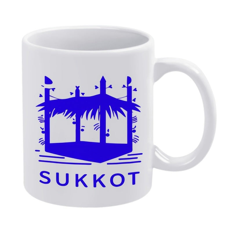 Tailorly White Ceramic 11 oz Mug - Sukkot Blue Traditional Jewish Holiday Hut Shelter Featuring Minimalist Outlined Design Sukkah