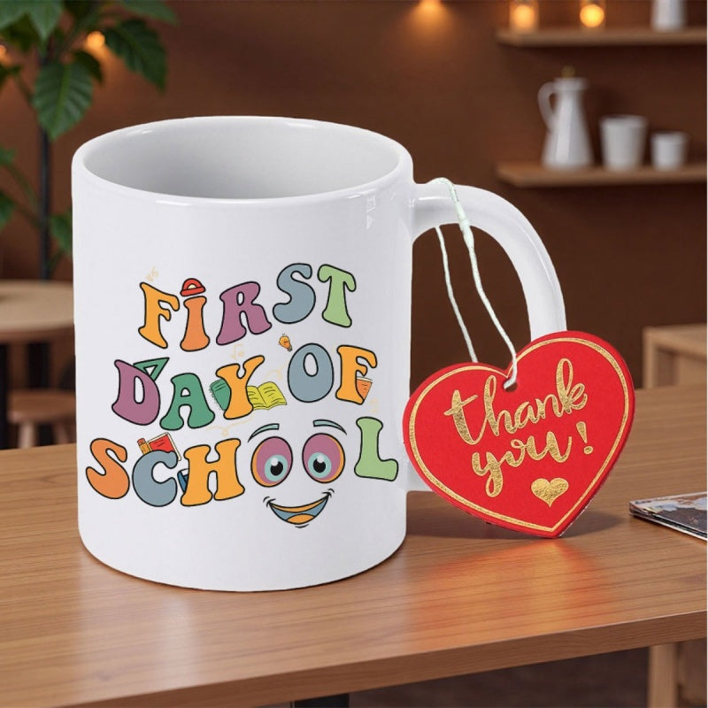 Tailorly White Ceramic 11 oz Mug - First Day Of School Thank You Bright Colorful Groovy Letters With A Happy Smiling Face Mug