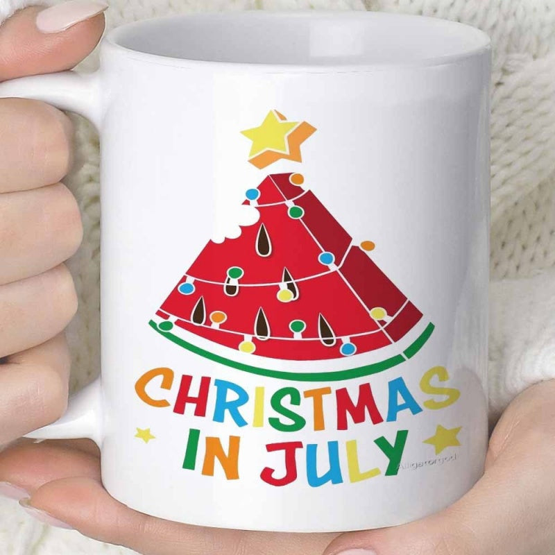 Tailorly White Ceramic 11 oz Mug - Christmas In July Festive Watermelon Slice Decorated With Colorful String Lights And Star Watermelon