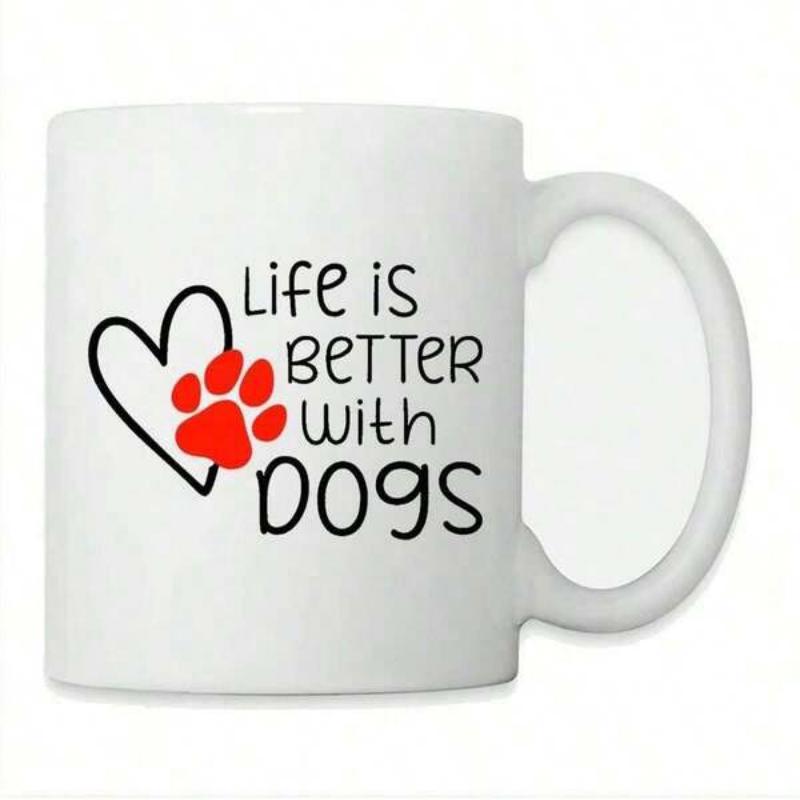 Tailorly White Ceramic 11 oz Mug - Life Is Better With Dogs Simple Black Outline Heart With A Vibrant Red Animal Footprint Paw