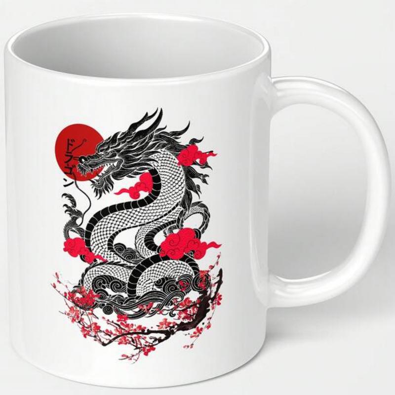 Tailorly White Ceramic 11 oz Mug - Powerful Mythical Creature Emerging From Cherry Blossoms Under Rising Red Sun Dragon