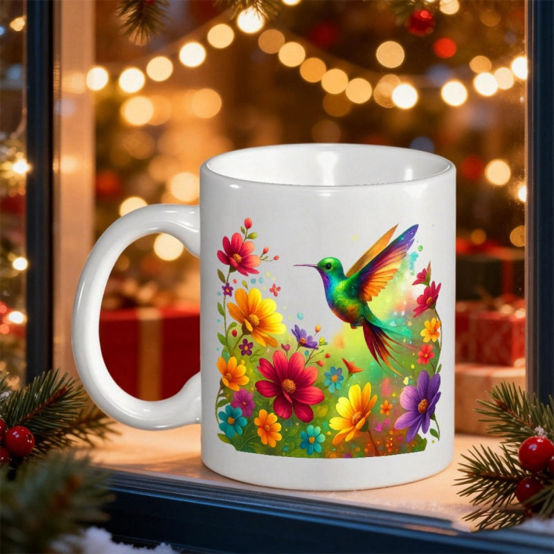 Tailorly White Ceramic 11 oz Mug - Colorful Artistic Illustration With Flying Hummingbird Among Vibrant Blooming Floral Garden Hummingbird