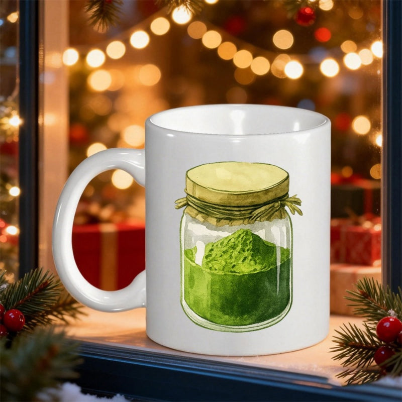 Tailorly White Ceramic 11 oz Mug - Artistic Watercolor Style Glass Container Containing Vibrant Fine Green Matcha Powder Jar