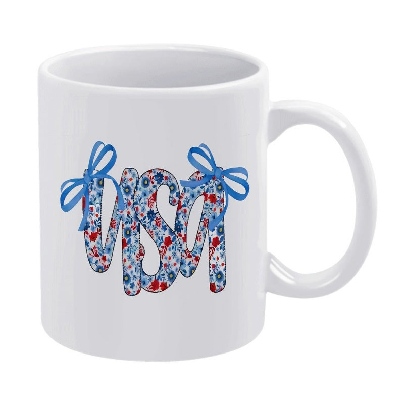 Tailorly White Ceramic 11 oz Mug - USA Patriotic Stylized Letters Decorated With Floral Textures And Delicate Blue Ribbons Mug