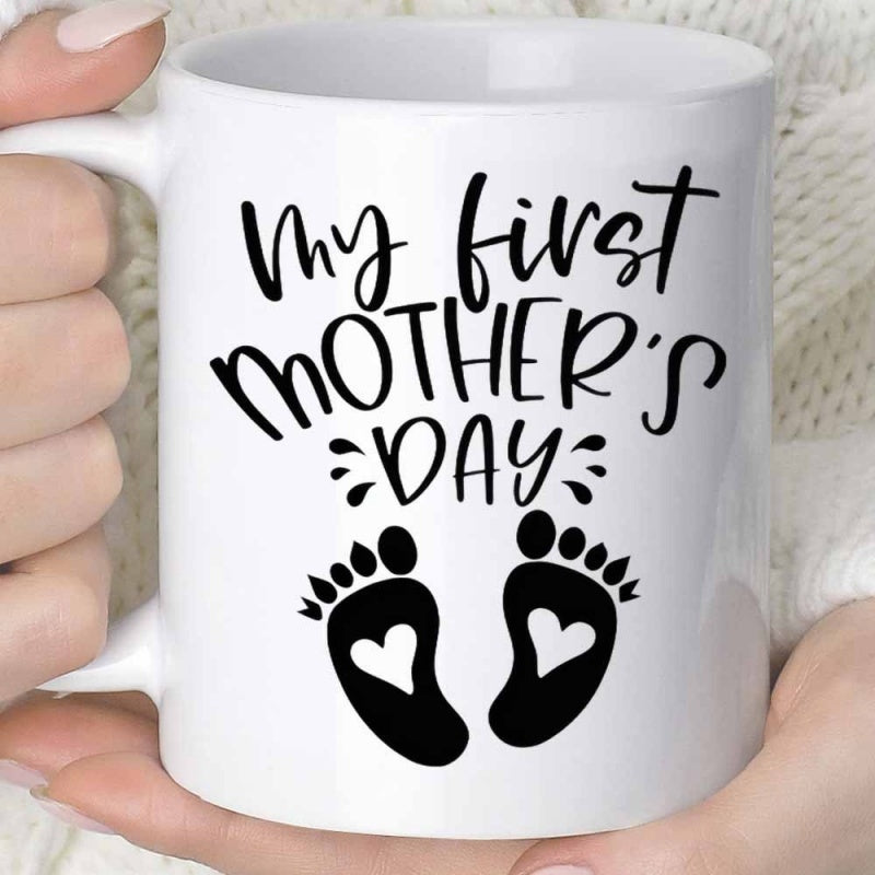 Tailorly White Ceramic 11 oz Mug - My First Mothers Day Tiny Baby Footprints With Hearts Nestled Inside Stylized Black Ink Mug