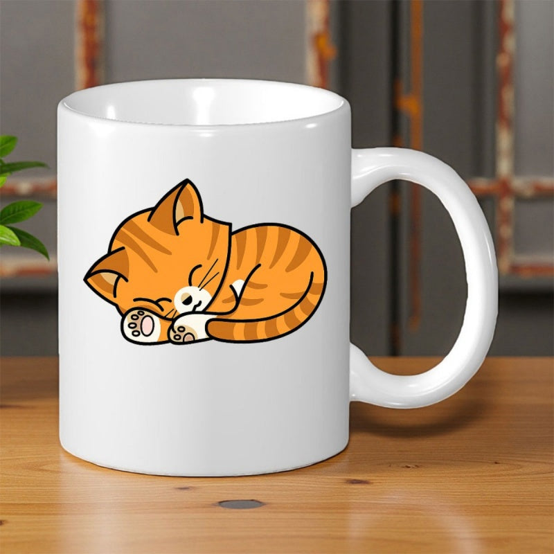 Tailorly White Ceramic 11 oz Mug - Cute Ginger Tabby Sleeping Curled Up Comfortably On A White Surface Cat