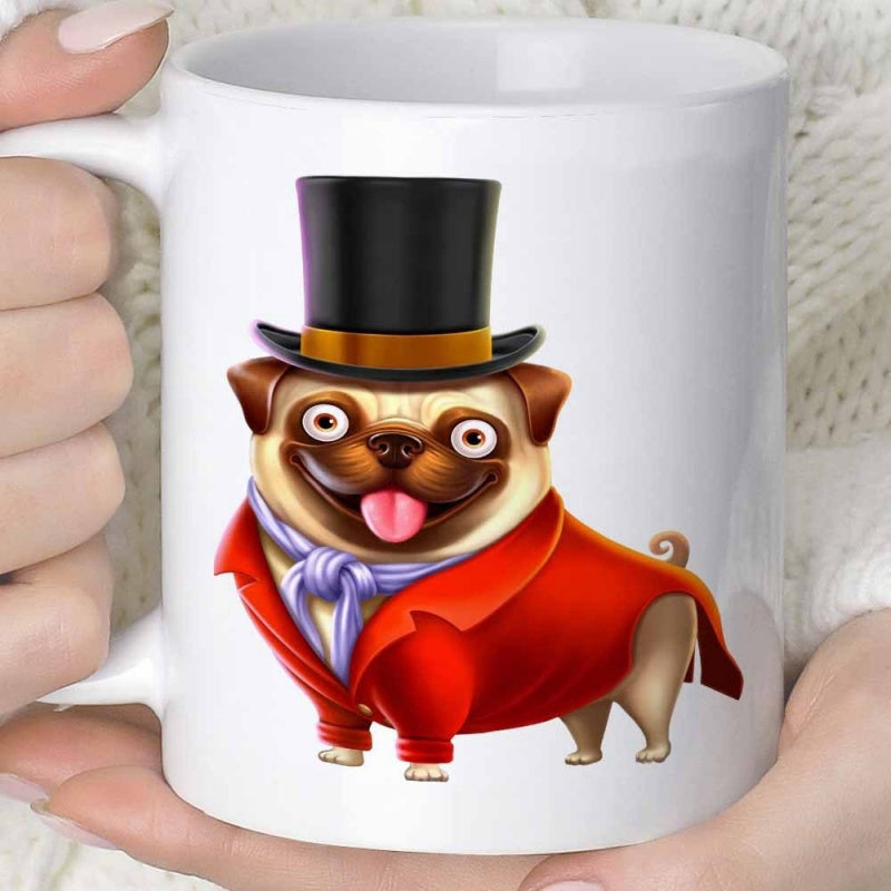 Tailorly White Ceramic 11 oz Mug - Adorable Cartoon Dog Wearing Formal Black Top Hat And Red Tuxedo Pug