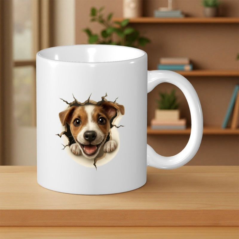 Tailorly White Ceramic 11 oz Mug - Adorable Brown White Puppy Peeking Through A Realistic Cracked Hole Dog