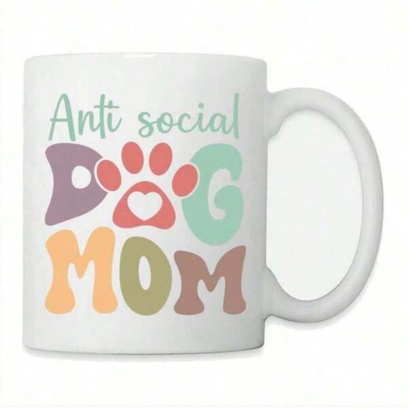 Tailorly White Ceramic 11 oz Mug - Anti Social Dog Mom Retro Wavy Font Style Featuring Minimalist Heart Paw Print Mug