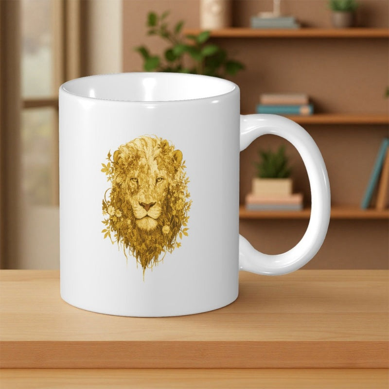 Tailorly White Ceramic 11 oz Mug - Artistic Golden Floral Pattern Forming A Majestic And Regal Wild Lion