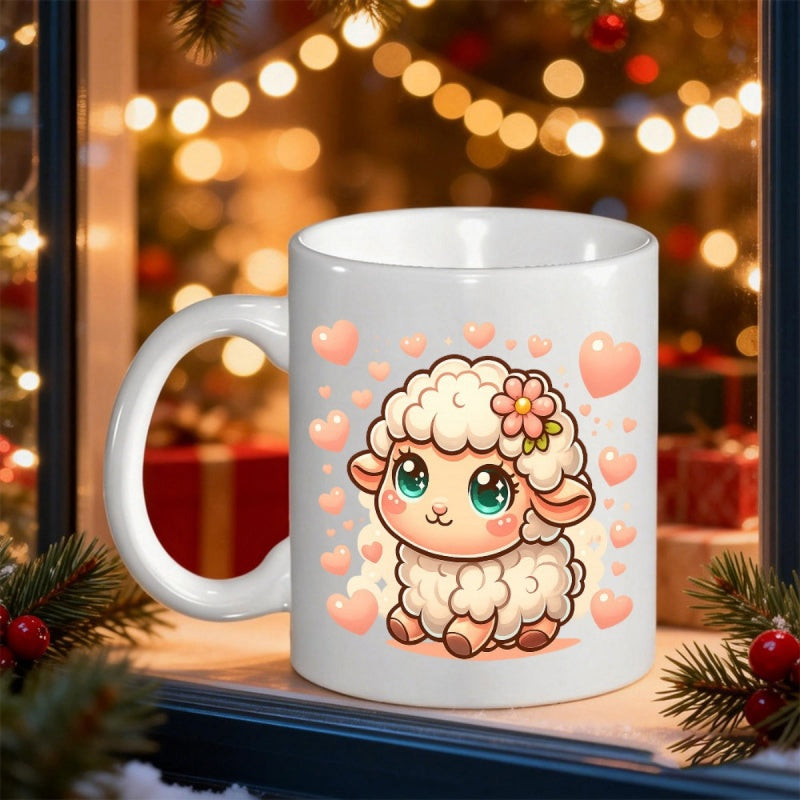 Tailorly White Ceramic 11 oz Mug - Adorable Fluffy Cartoon Animal Surrounded By Floating Soft Pink Hearts Lamb