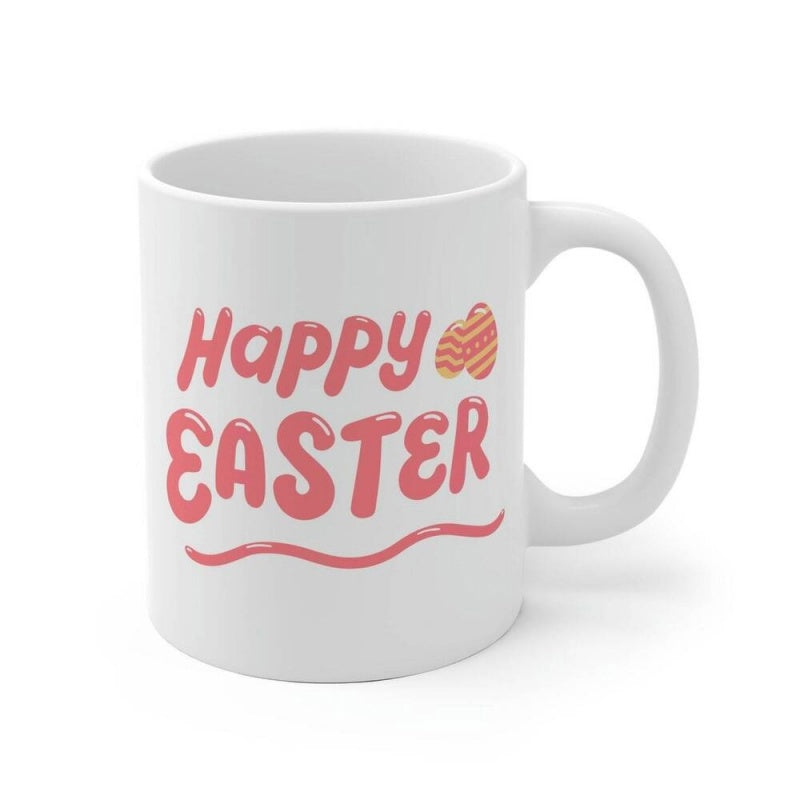 Tailorly White Ceramic 11 oz Mug - Happy Easter Pink Bubble Letters Beside Patterned Festive Spring Celebration Egg