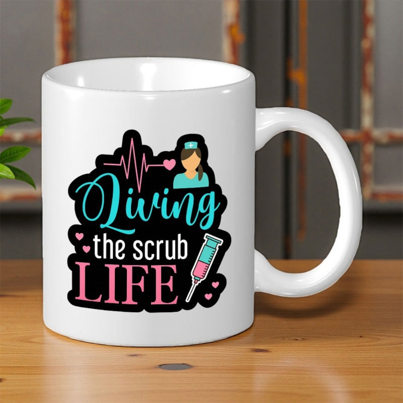 Tailorly White Ceramic 11 oz Mug - Living The Scrub Life Heartbeat Line Medical Syringe And Caring Female Figure Illustration Nurse