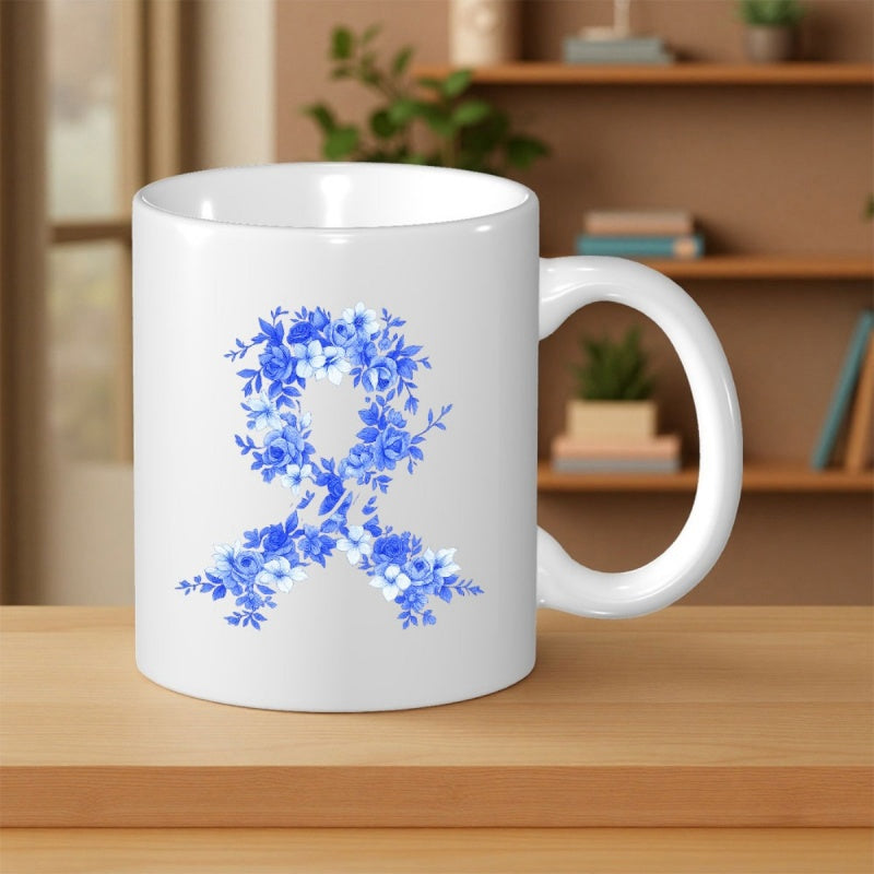 Tailorly White Ceramic 11 oz Mug - Elegant Blue Flowers Arranged To Form A Meaningful Symbolic Supportive Ribbon