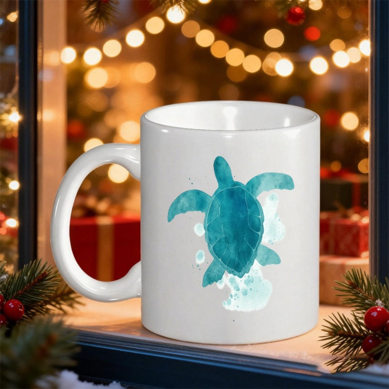 Tailorly White Ceramic 11 oz Mug - Artistic Watercolor Blue Ocean Dweller Swimming Amidst Soft Bubbles Sea Turtle