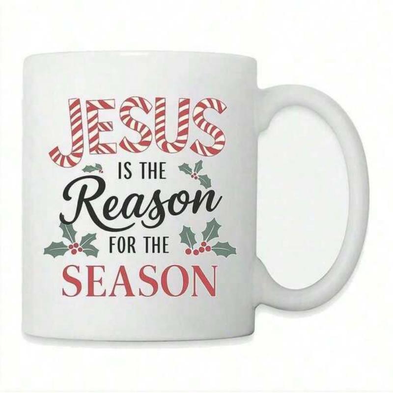 Tailorly White Ceramic 11 oz Mug - Jesus Is The Reason For The Season Festive Candy Cane Stripes With Holly Leaves And Berries Among Winter Mug