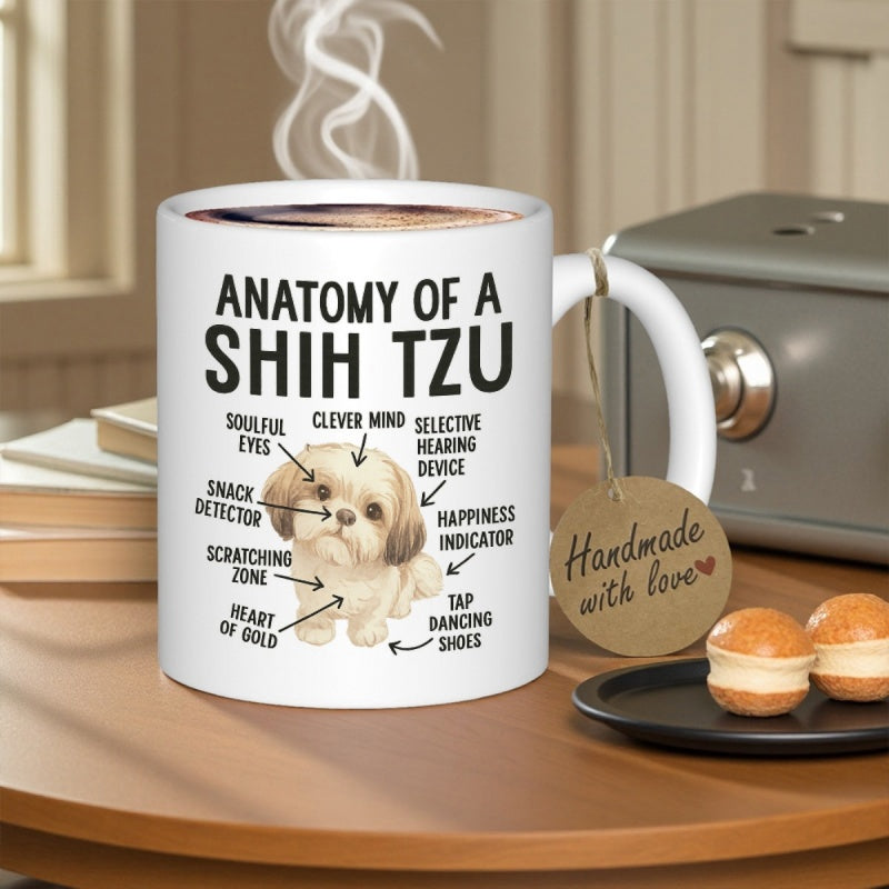 Tailorly White Ceramic 11 oz Mug - Anatomy Of A Shih Tzu Cute Little Dog Sitting Calmly Among Many Playful Descriptive Labels Shih Tzu