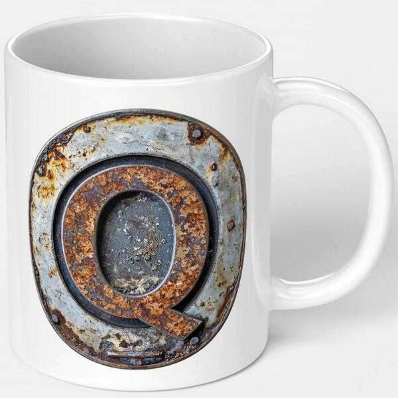 Tailorly White Ceramic 11 oz Mug - Q Industrial Weathered Rusty Metallic Texture Embedded Within An Oval Riveted Plate Letter Q
