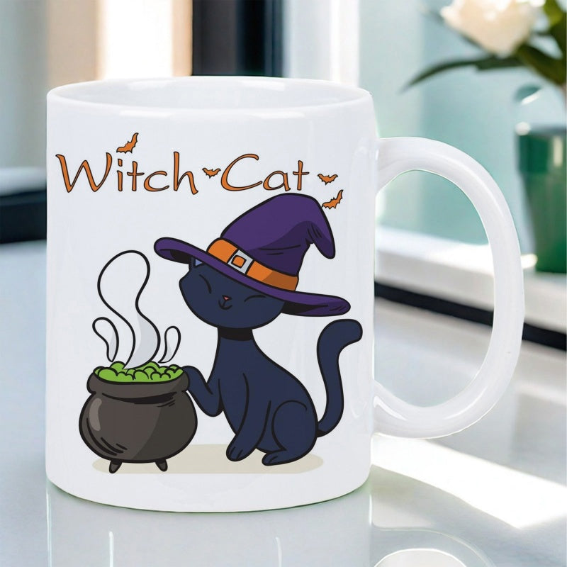 Tailorly White Ceramic 11 oz Mug - Witch Cat Adorable Midnight Black Wearing Purple Witch Hat Beside Bubbling Green Cauldron Cat