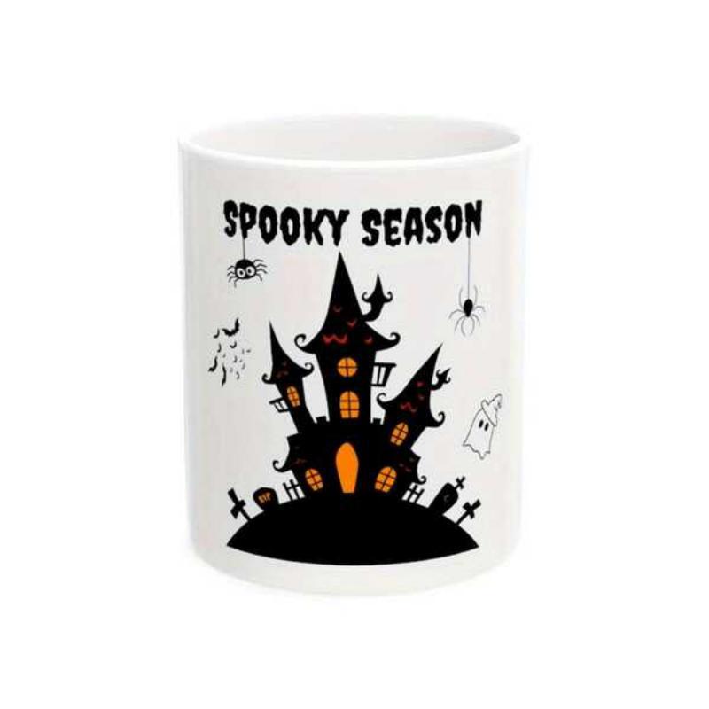 Tailorly White Ceramic 11 oz Mug - Spooky Season Dark Silhouette With Spiders And Flying Ghosts Over Haunted Gravestones Castle