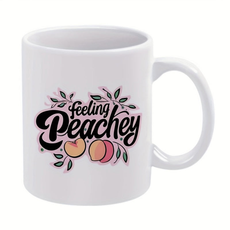 Tailorly White Ceramic 11 oz Mug - Feeling Peachey Sweet Summer Fruits Surrounded By Delicate Green Leaves And Artistic Accents Peach