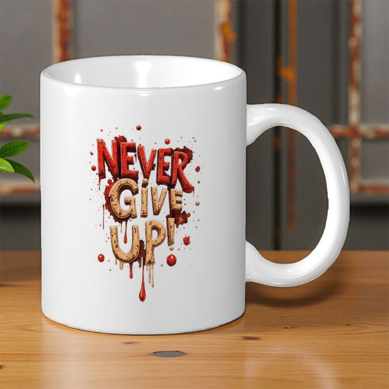 Tailorly White Ceramic 11 oz Mug - Never Give Up Stylized Artistic Red Dripping Texture With Creative Bold Inspirational Lettering