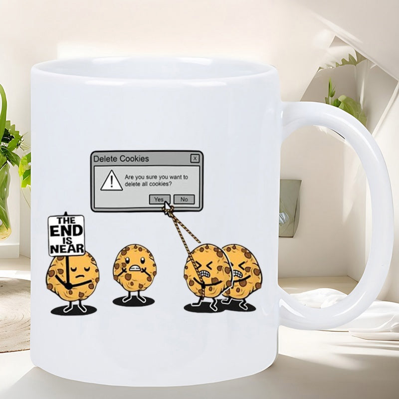 Tailorly White Ceramic 11 oz Mug - Delete Cookies The End Is Near Cute Panic Cookies Pulling Rope Towards Retro Dialogue Box Cookie