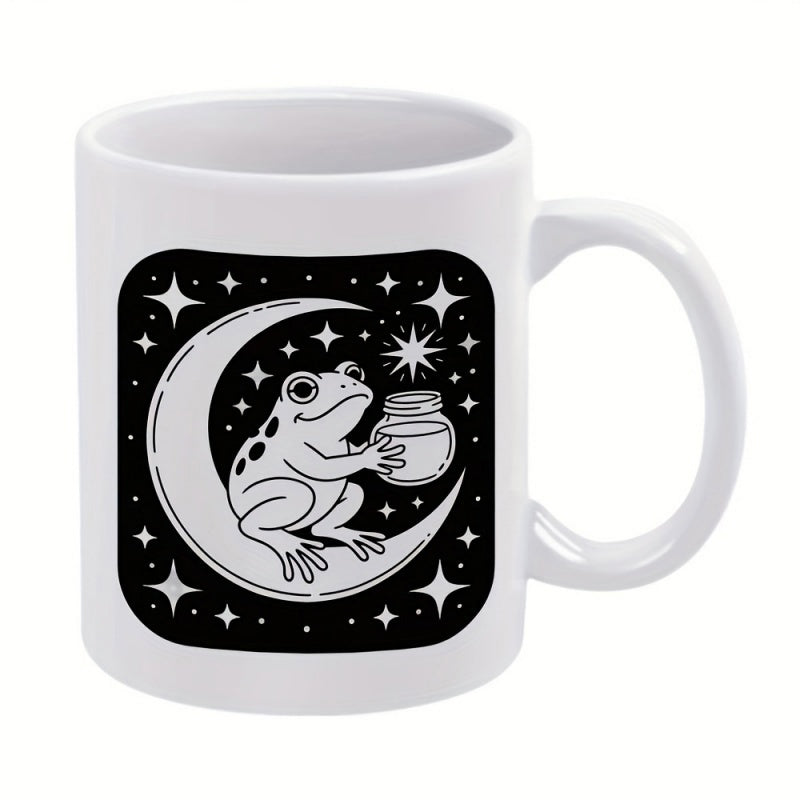 Tailorly White Ceramic 11 oz Mug - Celestial Night Scene Featuring A Spotted Creature Holding Small Glass Jar Frog