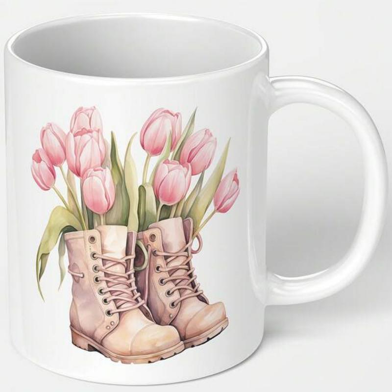 Tailorly White Ceramic 11 oz Mug - Watercolor Style Pink Tulips Blooming Inside Vintage Lace Up Rustic Boots