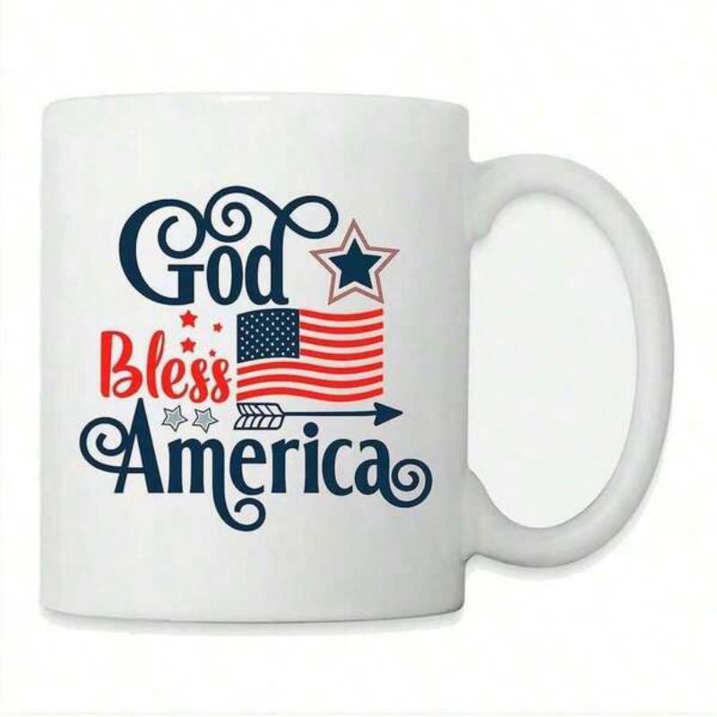 Tailorly White Ceramic 11 oz Mug - God Bless America Classic Patriotic American Flag With Decorative Stars And Elegant Swirling Accents Mug