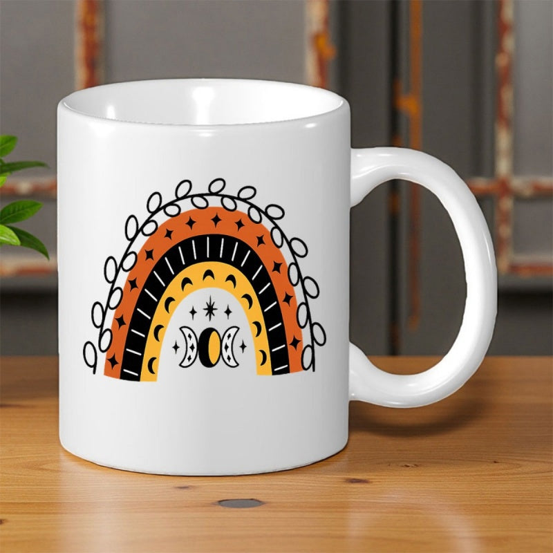 Tailorly White Ceramic 11 oz Mug - Stylized Bohemian Rainbow With Moon Phases And Mystical Celestial Symbols Rainbow