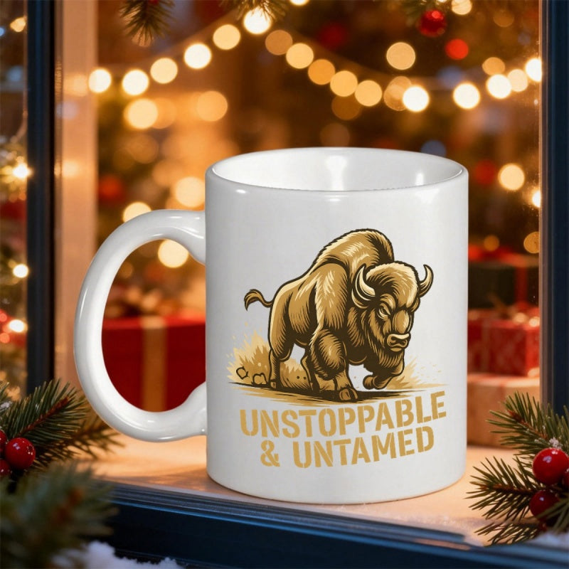 Tailorly White Ceramic 11 oz Mug - Unstoppable Untamed Strong Charging Golden Animal With Muscular Details And Powerful Stance Bison