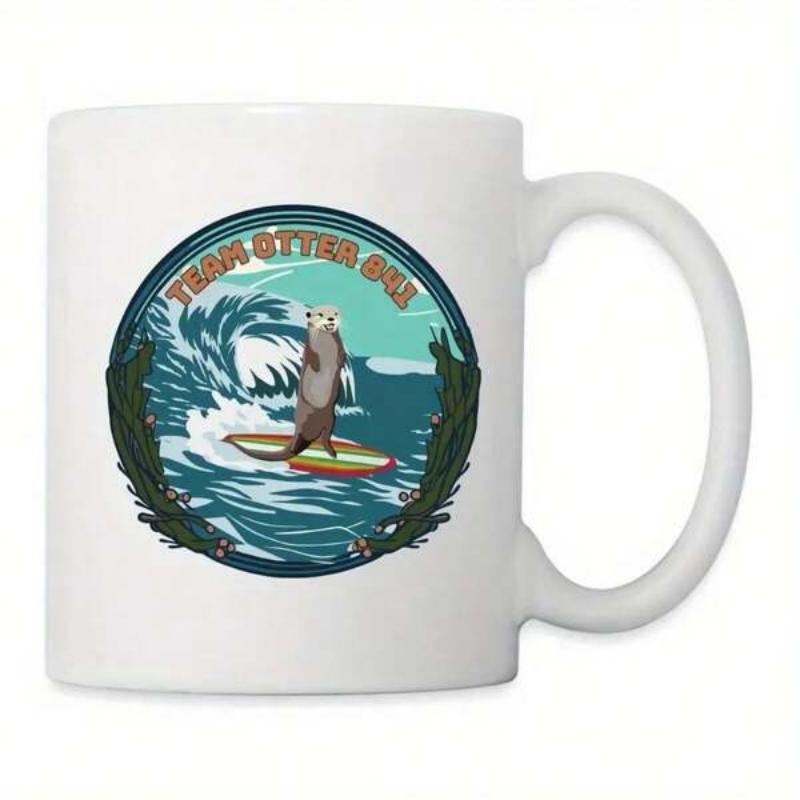 Tailorly White Ceramic 11 oz Mug - Totally Otter Out Playful Sea Creature Balancing On A Surfboard Inside A Cresting Wave Otter
