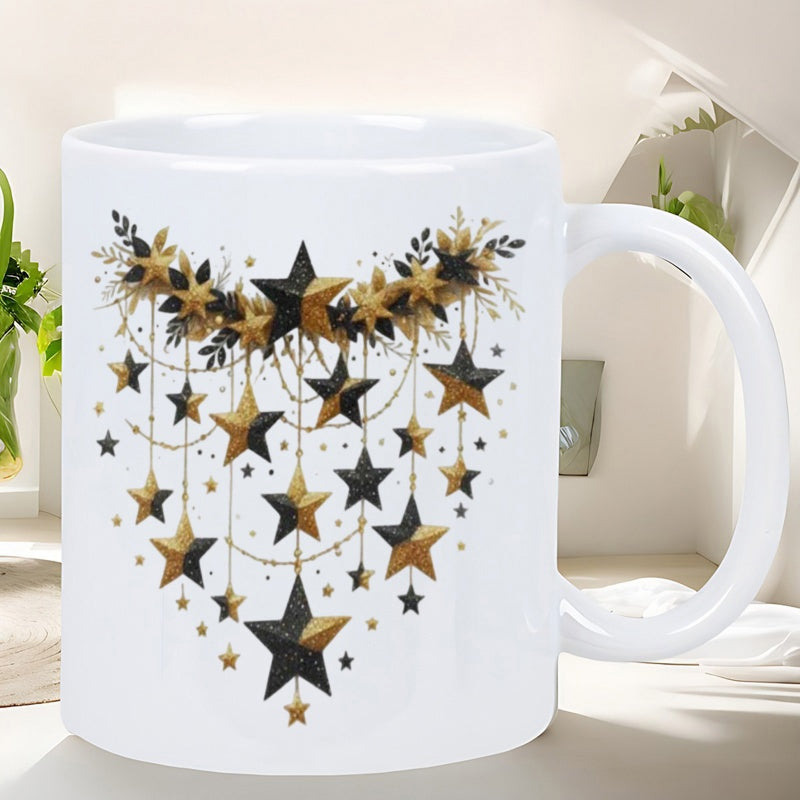 Tailorly White Ceramic 11 oz Mug - Elegant Gold And Black Hanging Stars Suspended From Delicate Floral Branches Star