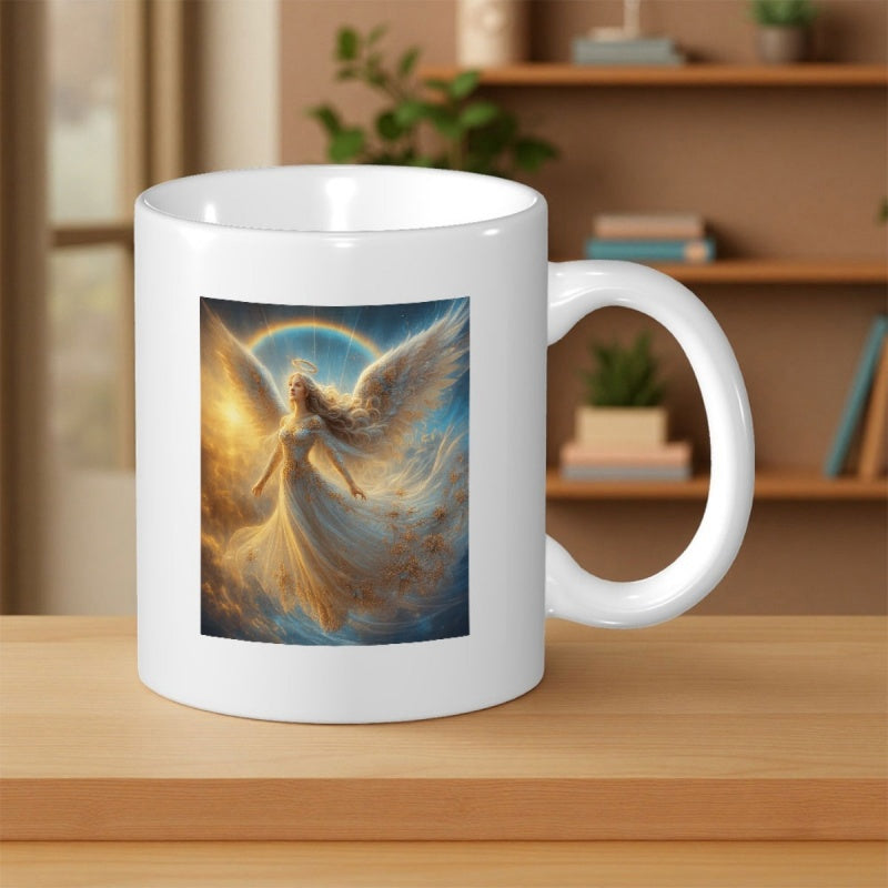 Tailorly White Ceramic 11 oz Mug - Ethereal Celestial Figure With Golden Wings Glowing In Divine Light Angel