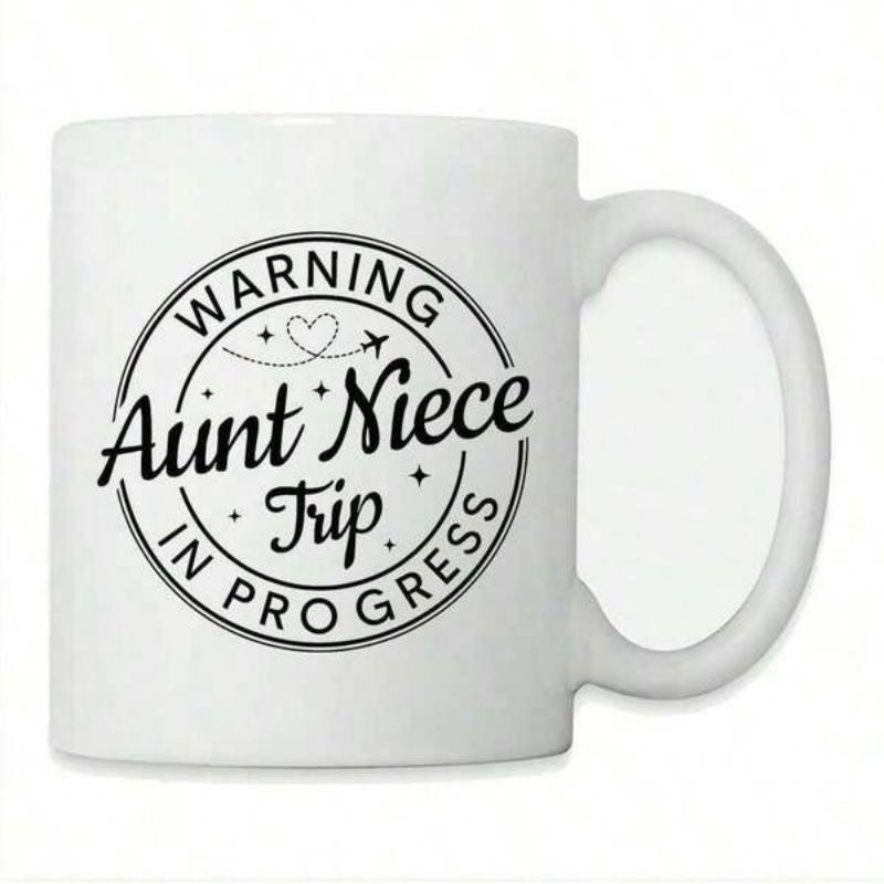 Tailorly White Ceramic 11 oz Mug - Warning Aunt Niece Trip In Progress Circular Vintage Stamp Style With Tiny Airplane Heart And Stars Mug