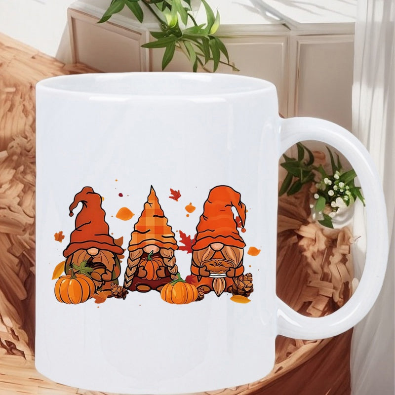Tailorly White Ceramic 11 oz Mug - Three Festive Autumn Gnomes Wearing Orange Hats With Small Harvest Pumpkins Gnomes
