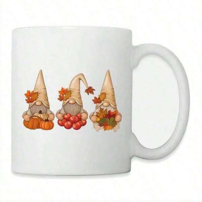 Tailorly White Ceramic 11 oz Mug - Adorable Three Whimsical Autumn Figures Holding Harvest Fruits And Foliage Gnome