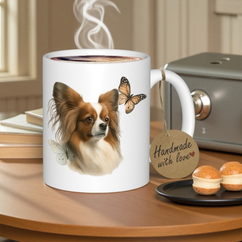 Tailorly White Ceramic 11 oz Mug - Handmade With Love Gentle Brown And White Papillon Dog Head With Fluttering Orange Butterflies Papillon