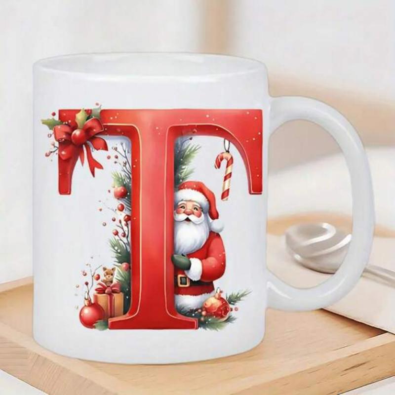 Tailorly White Ceramic 11 oz Mug - T Festive Large Red Letter Decorated With Jolly Classical Portrait Santa