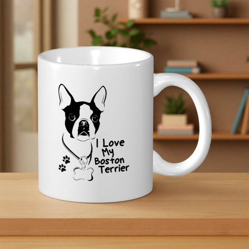 Tailorly White Ceramic 11 oz Mug - I Love My Boston Terrier Minimalist Black Ink Vector Portrait With Cute Bone And Paws Dog